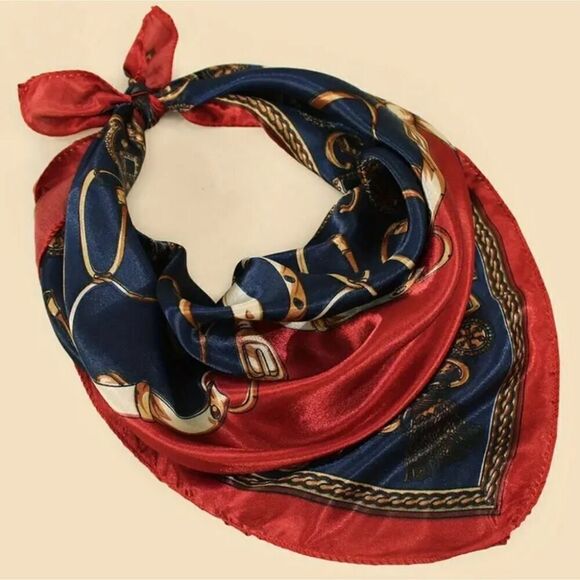 Vintage Chain Print Square Scarf Red and Blue, Elegant Satin Neckerchief - Picture 1 of 1